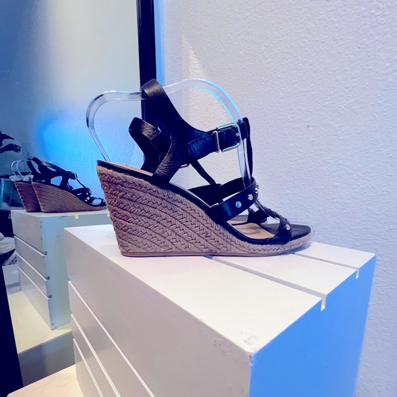 Via Spiga Studded Black Leather Espadrille Wedges Size US 9/EUR 39 silver studs - Picture 10 of 15